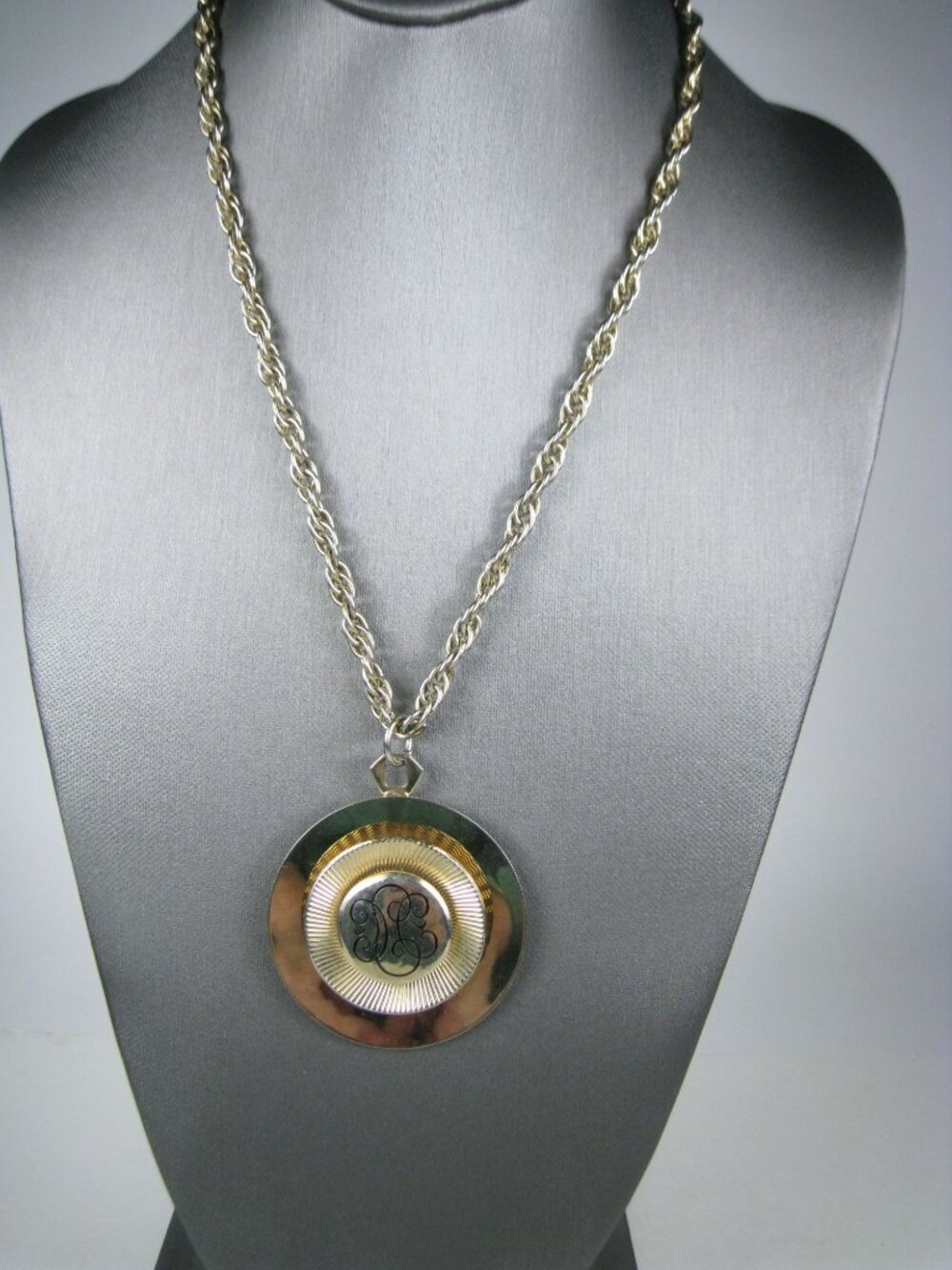 Vintage Pale Gold Tone Monogram Pendant Necklace Chain 20 inch Statement 1970s